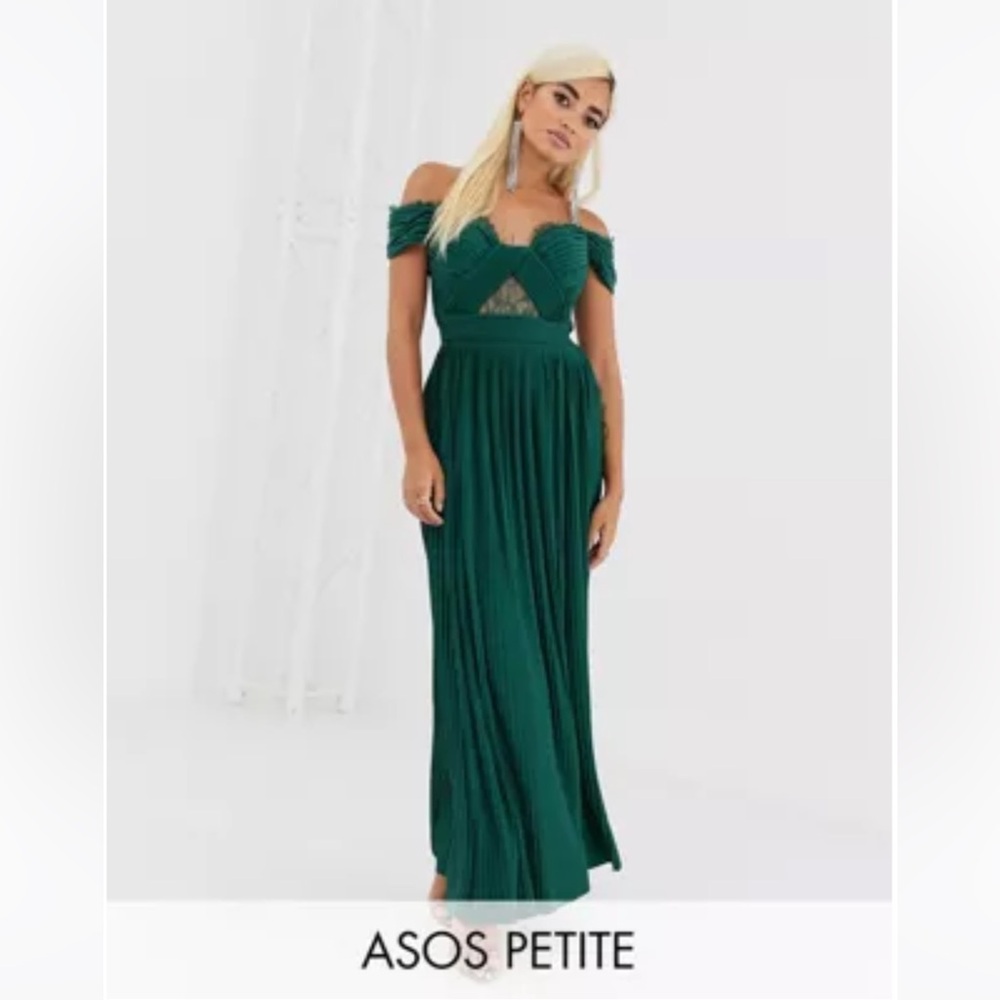 6 petite ASOS pleated forest green maxi dress